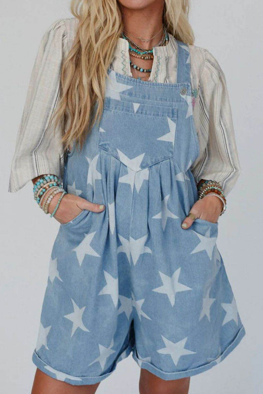 Star Print Square Neck Denim Overalls - Hovatok