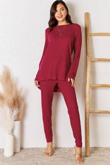 Basic Bae Full Size Ribbed Round Neck High-Low Slit Top and Pants Set - Hovatok