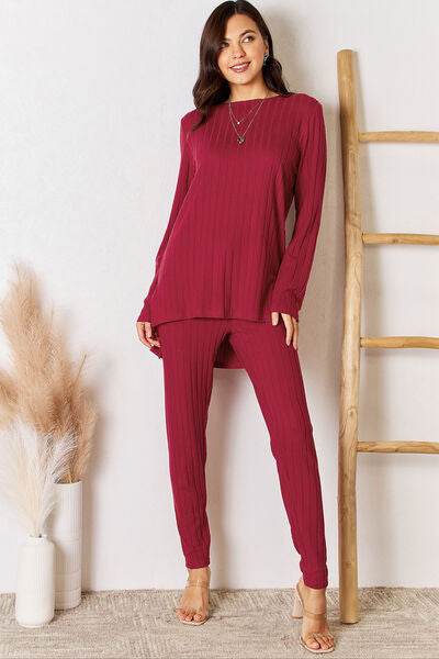 Basic Bae Full Size Ribbed Round Neck High-Low Slit Top and Pants Set - Hovatok