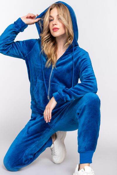ACTIVE BASIC Faux Fur Zip Up Long Sleeve Hoodie and Joggers Set - Hovatok