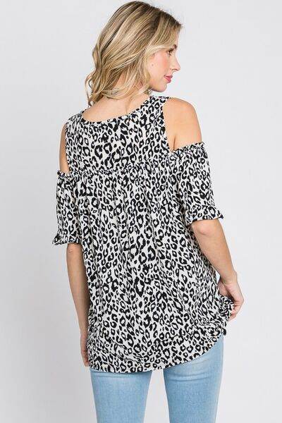 Heimish Full Size Leopard Round Neck Cold Shoulder T-Shirt Plus Size - Hovatok