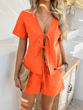 Devine Tied V-Neck Short Sleeve Top and Shorts Set - Hovatok