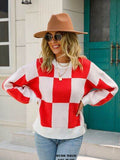 Angel Wings Checkered Round Neck Dropped Shoulder Sweater - Hovatok