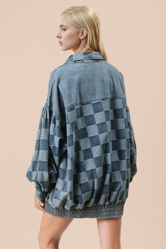 Double Take Checkered Button Up Denim Jacket - Hovatok