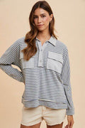 Annie Wear Striped Button Detail Long Sleeve Polo Top - Hovatok