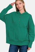 Zenana Half Snap Long Sleeve Hoodie with Kangaroo Pocket - Hovatok