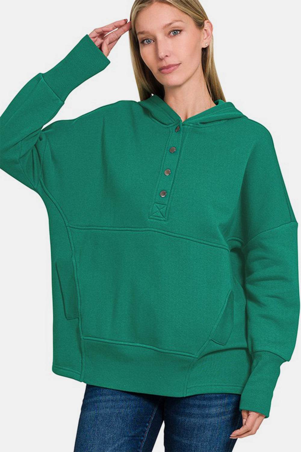 Zenana Half Snap Long Sleeve Hoodie with Kangaroo Pocket - Hovatok