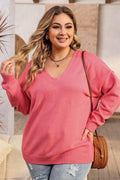 Plus Size V-Neck Dropped Shoulder Sweater - Hovatok