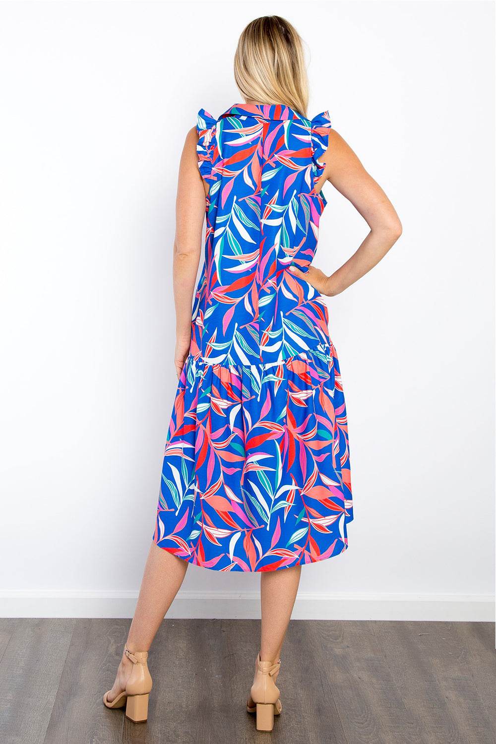 Be Stage Print Ruffled Midi Dress with Pockets - Hovatok