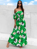 Pleated Floral Off-Shoulder Short Sleeve Midi Dress - Hovatok