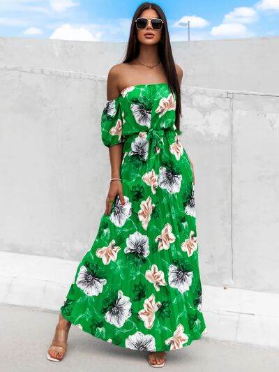 Pleated Floral Off-Shoulder Short Sleeve Midi Dress - Hovatok
