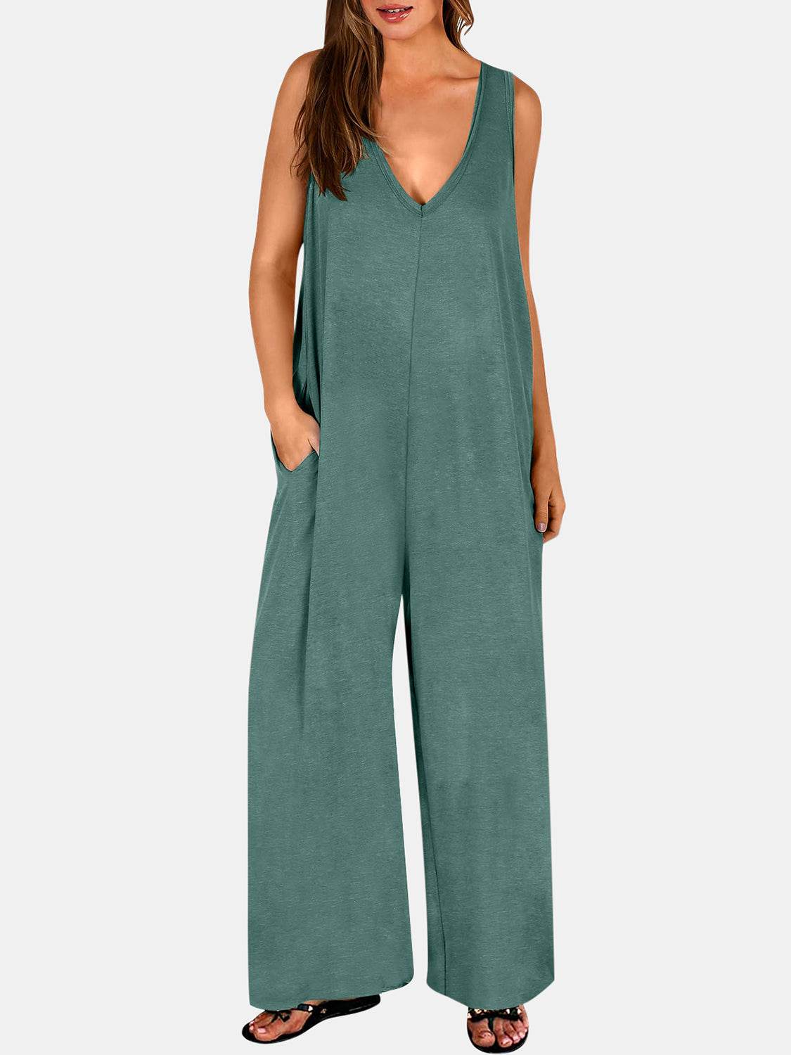 Full Size V-Neck Wide Strap Jumpsuit - Hovatok