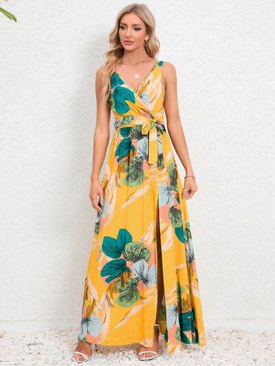 Slit Tied Printed Surplice Dress - Hovatok
