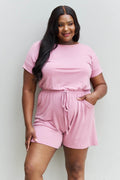Zenana Chilled Out Full Size Short Sleeve Romper in Light Carnation Pink - Hovatok
