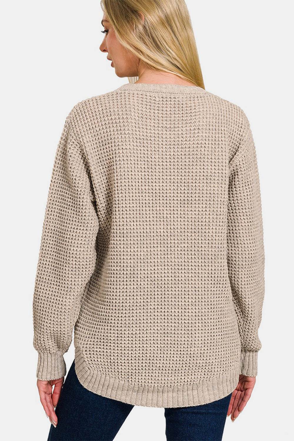 Zenana High Low Long Sleeve Waffle Sweater - Hovatok