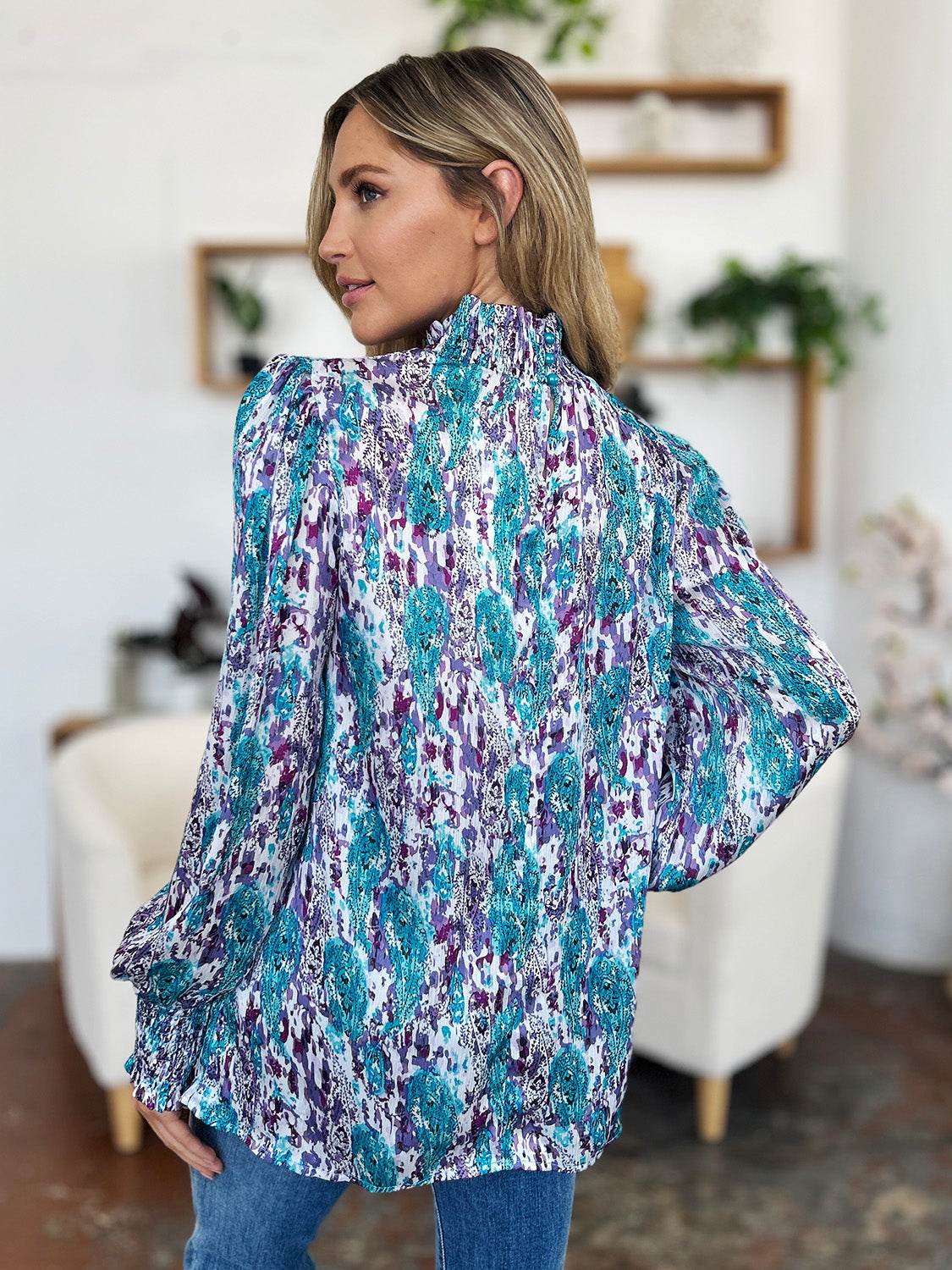 Double Take Full Size Printed Smocked Long Sleeve Blouse - Hovatok