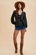 Annie Wear Tie Front Peplum Long Sleeve Denim Top - Hovatok