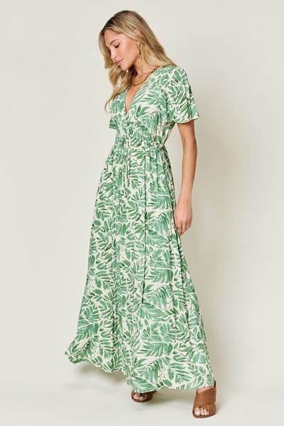 Double Take Full Size Printed Drawstring Short Sleeve Dress - Hovatok