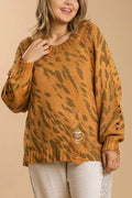 Umgee Full Size Animal Print Round Neck Distressed Detail Sweater Plus Size - Hovatok