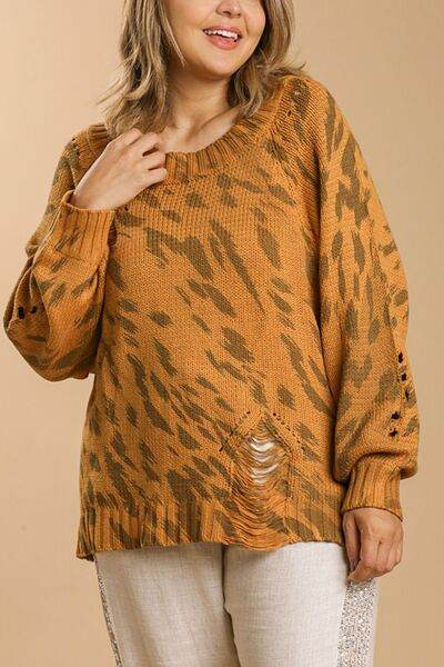 Umgee Full Size Animal Print Round Neck Distressed Detail Sweater Plus Size - Hovatok
