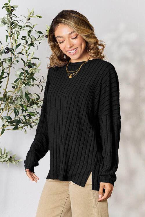Basic Bae Full Size Ribbed Round Neck Slit Knit Top - Hovatok