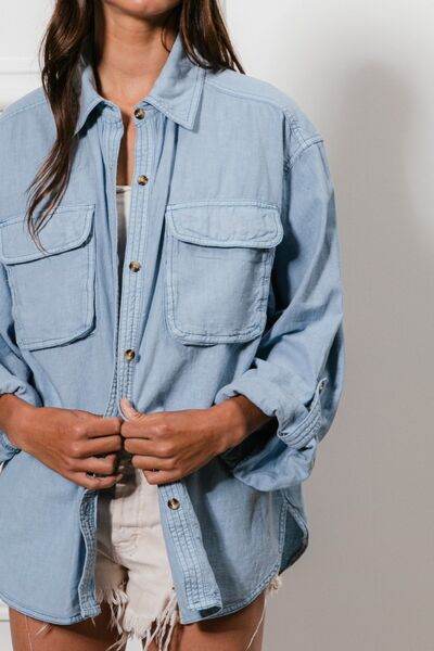 BiBi Button Down Stitch Detail Shirt with Chest Pockets - Hovatok