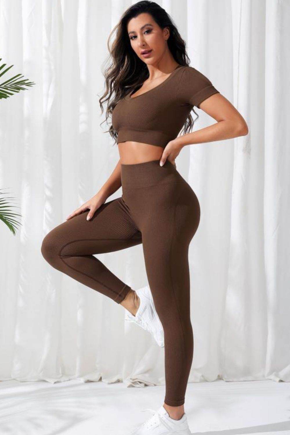 V-Neck Crop Top and High Waistband Long Active Pants - Hovatok