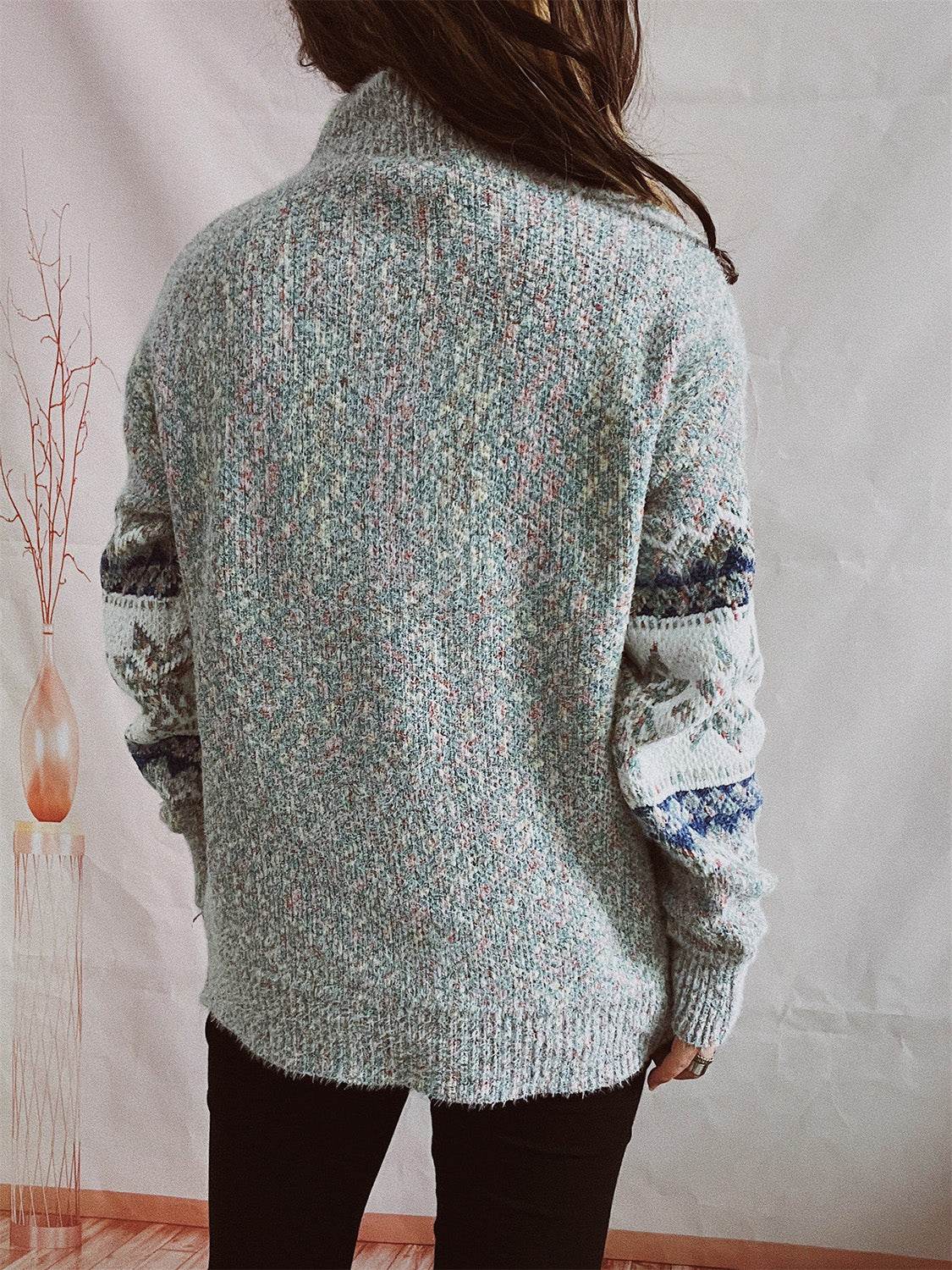 Geometric Mock Neck Dropped Shoulder Sweater - Hovatok