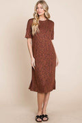 BOMBOM Round Neck Side Slit Midi Dress - Hovatok