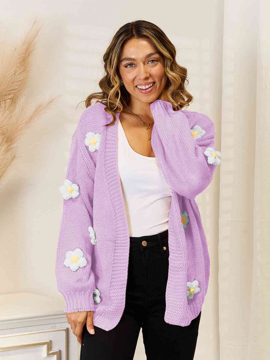 Angel Wings Flower Dropped Shoulder Open Front Cardigan - Hovatok