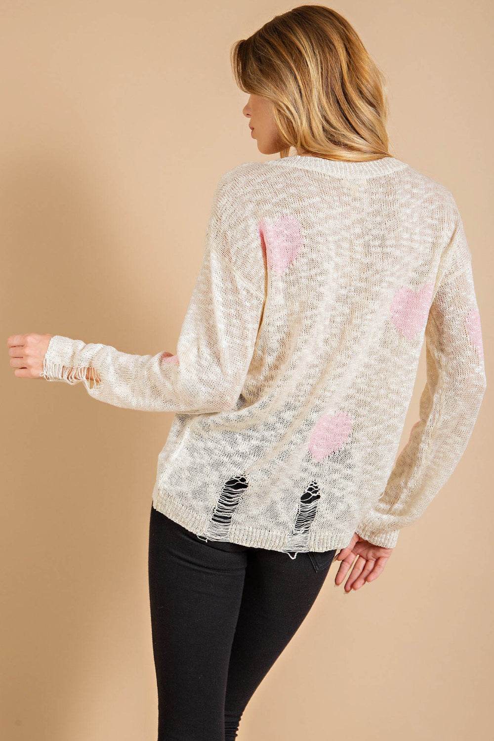 Kori America Heart Pattern Distressed Sweater - Hovatok