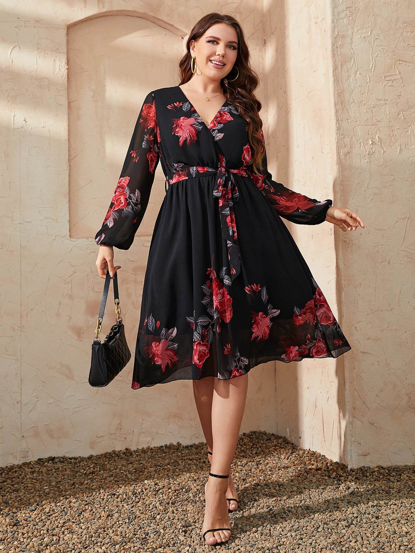Honey Plus Size Floral Surplice Neck Tie Waist Dress - Hovatok