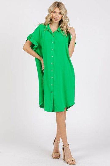 Mittoshop Button Down Flounce Sleeve Dress with Pockets - Hovatok