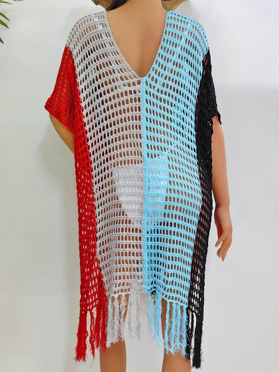 Fringe Color Block Scoop Neck Cover Up - Hovatok