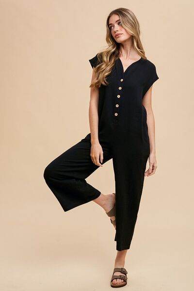 Annie Wear Button Detail Wide Leg Jumpsuit with Pockets - Hovatok