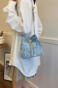Chain Drawstring Raw Edge Denim Bucket Bag - Hovatok