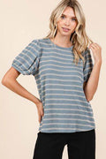 Mittoshop Contrast Striped Short Puff Sleeve Knit Top - Hovatok