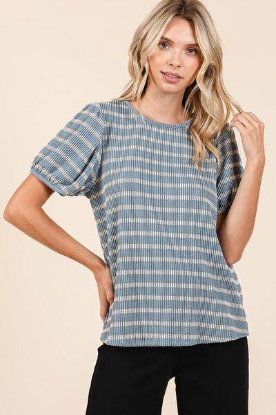 Mittoshop Contrast Striped Short Puff Sleeve Knit Top - Hovatok