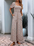 Perfee Ditsy Floral Smocked Square Neck Puff Sleeve Jumpsuit - Hovatok