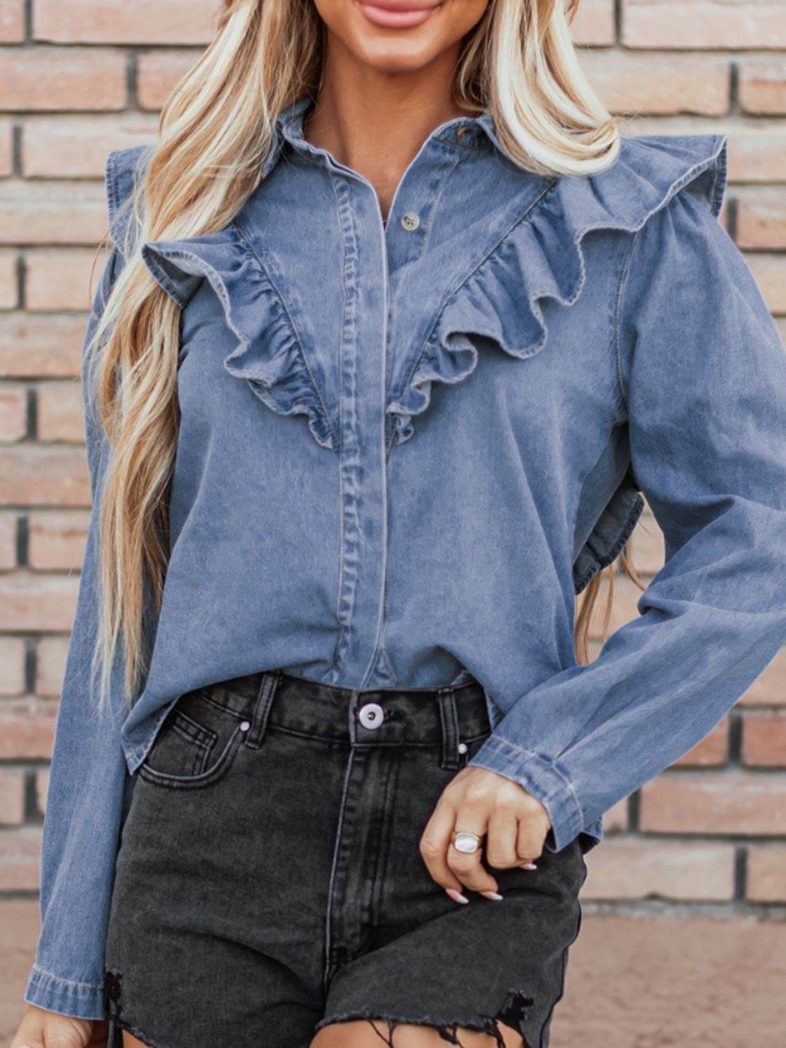 Ruffled Collared Neck Long Sleeve Denim Top - Hovatok