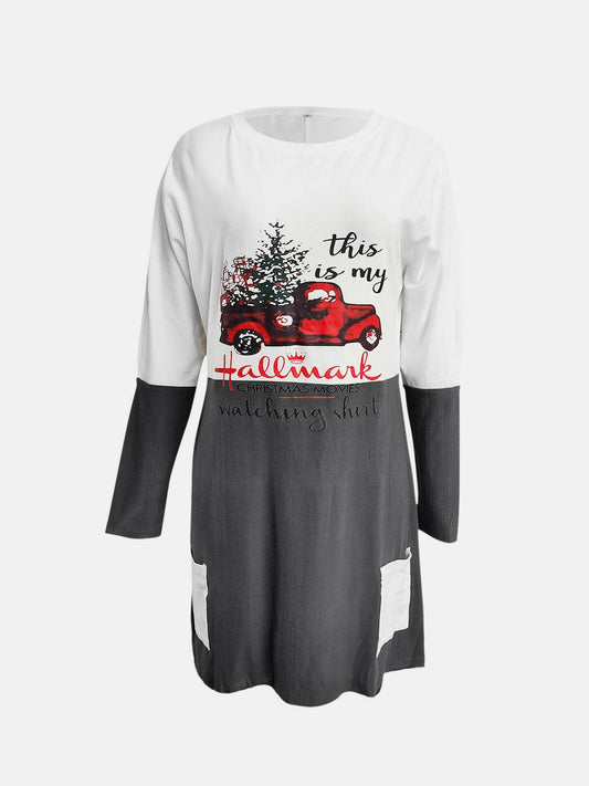 Full Size Graphic Two-Tone Round Neck Long Sleeve T-Shirt - Hovatok