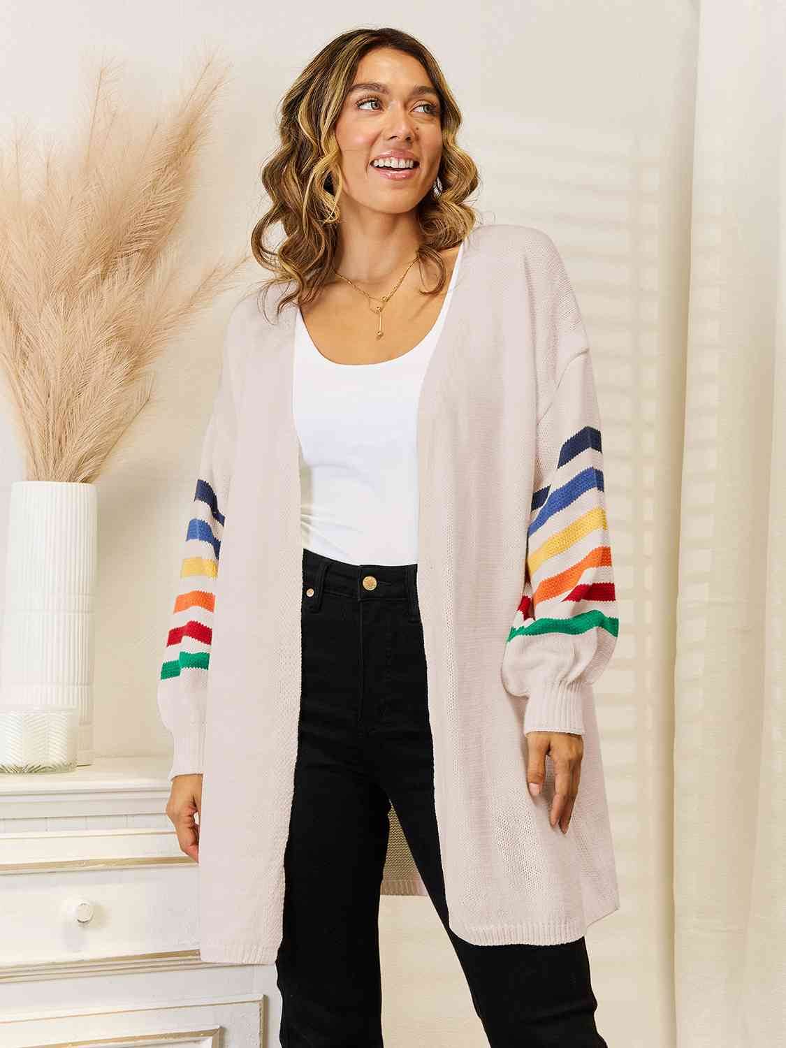 Angel Wings Striped Open Front Dropped Shoulder Cardigan - Hovatok