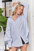 ADORA High-Low Striped Button Down Smocked Lantern Sleeve Shirt - Hovatok