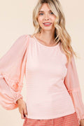 Mittoshop Mixed Media Textured Knit Chiffon Long Sleeve Top - Hovatok