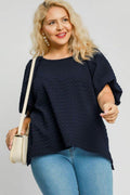 Umgee Full Size Boxy Cut Jacquard Round Neck Top with Side Slit Plus Size - Hovatok