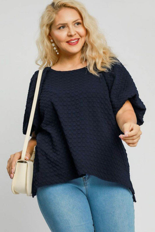 Umgee Full Size Boxy Cut Jacquard Round Neck Top with Side Slit Plus Size - Hovatok