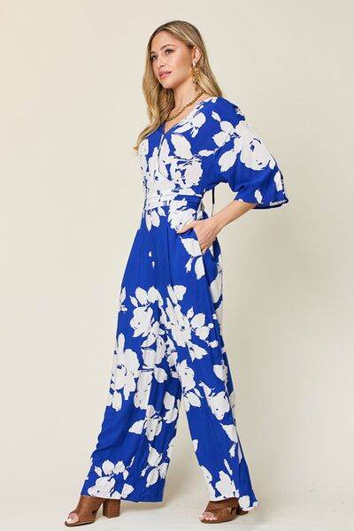 Double Take Full Size Printed Tie Back Wide Leg Jumpsuit - Hovatok