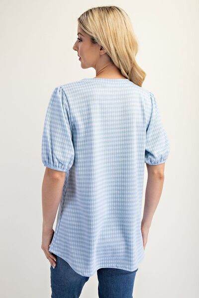 Celeste Full Size Gingham Print Top With Puff Sleeves Plus Size - Hovatok