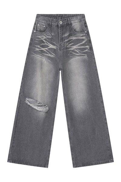 Distressed Wide Leg Jeans with Pockets - Hovatok