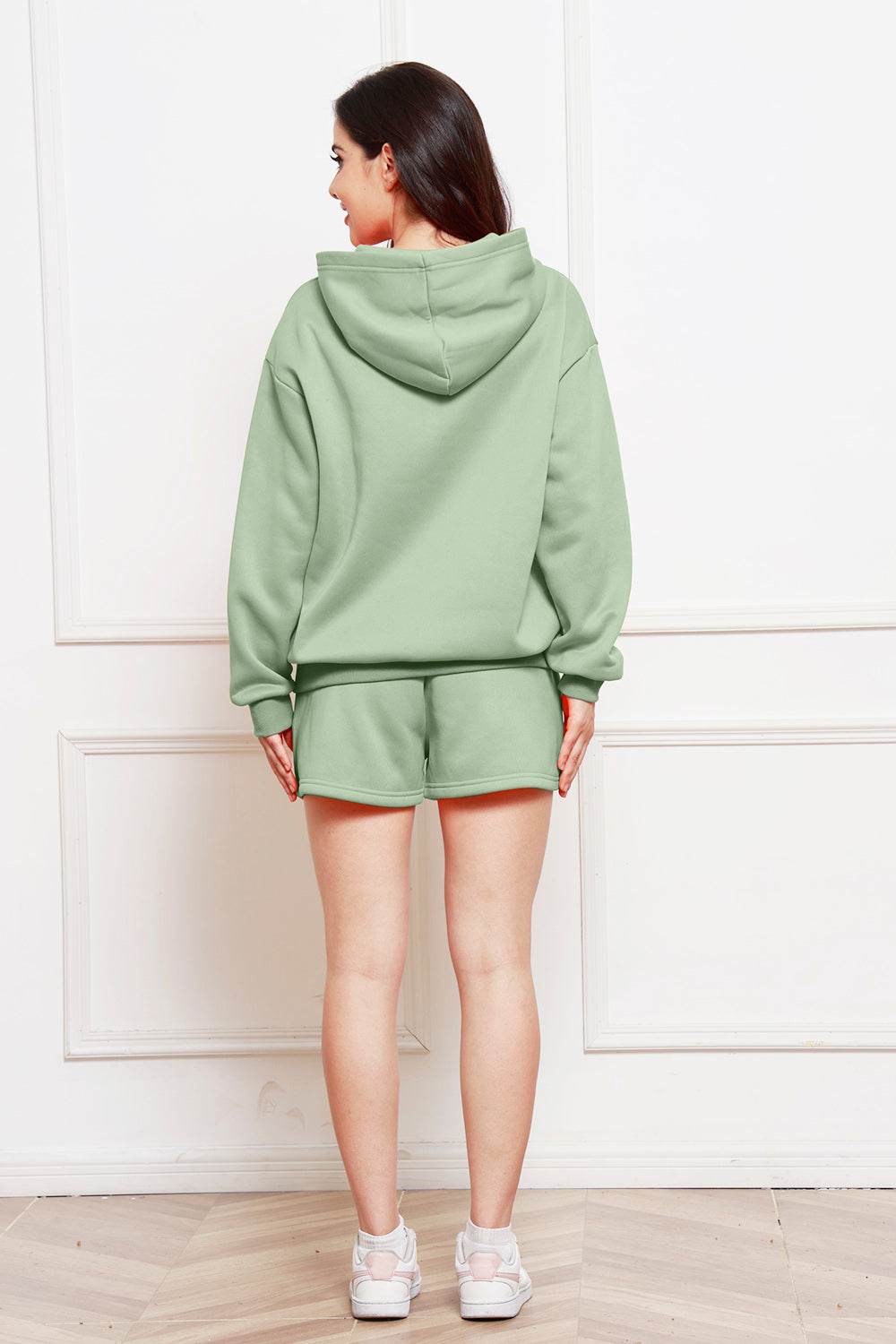 Drop Shoulder Long Sleeve Hoodie and Shorts Set - Hovatok